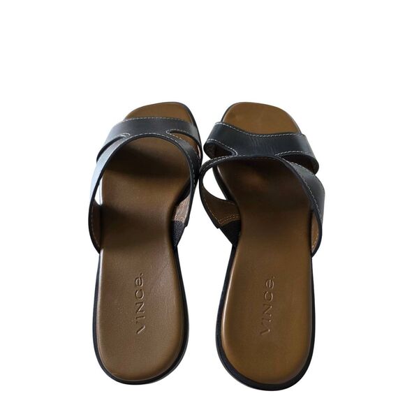 Vince Slides Size 6.5 Blsck Leather Open Toe Flats - Picture 5 of 6